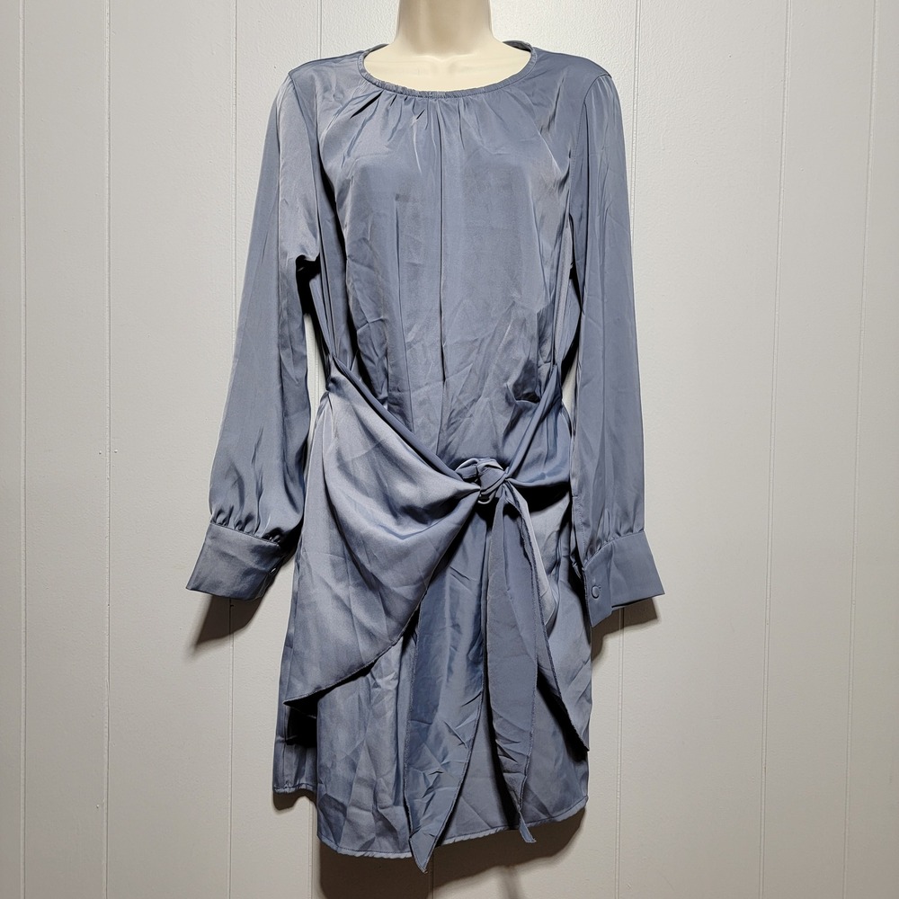 Fashion Slate Blue Satin‎ Front Tie Knot Long Sleeve Mini Dress Womens Medium